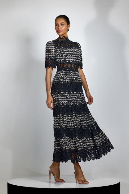 Sabrina Embroidered Lace Short Sleeve Midi Dress