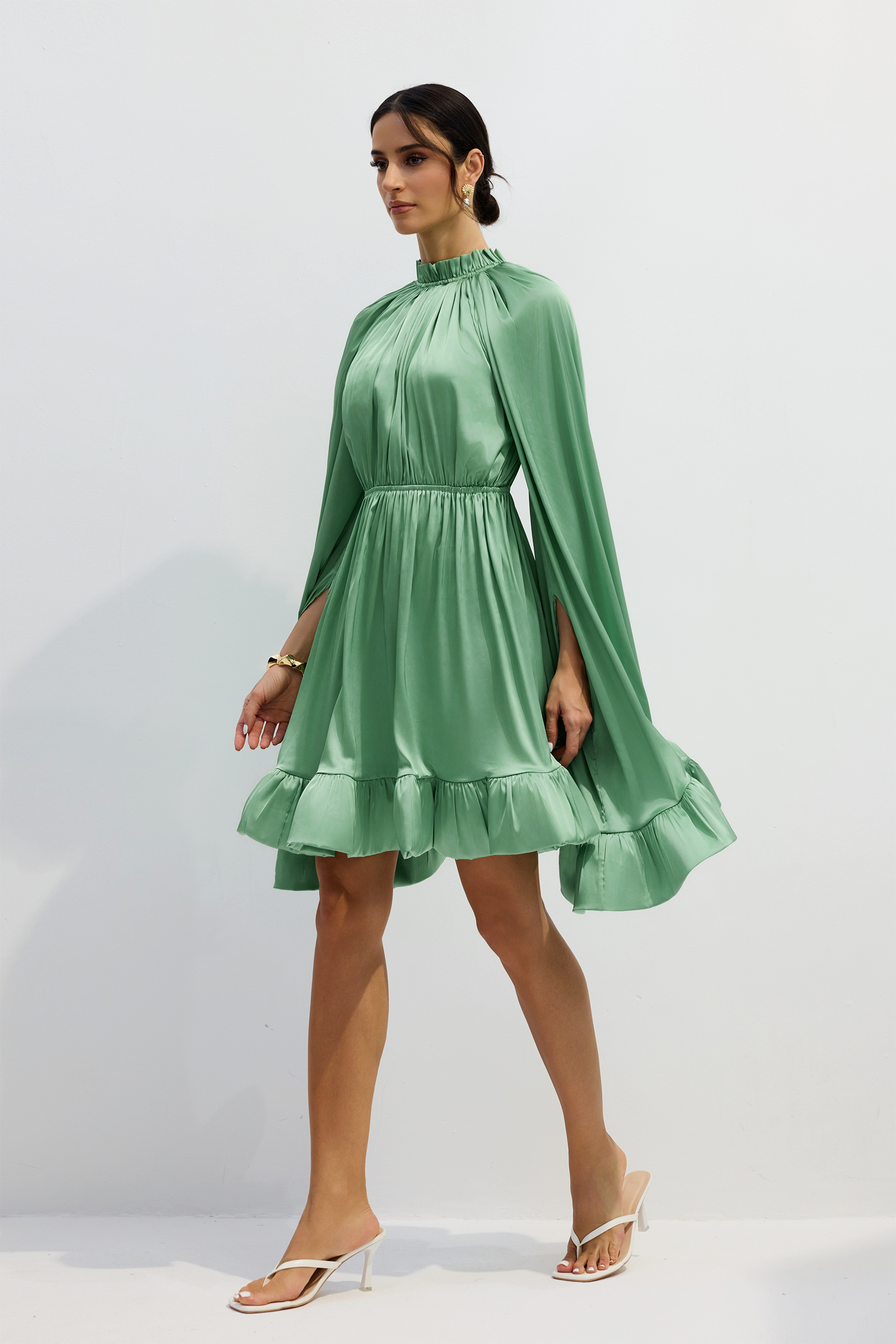 Octavia Cape Sleeve Ruffle Hem Mini Dress