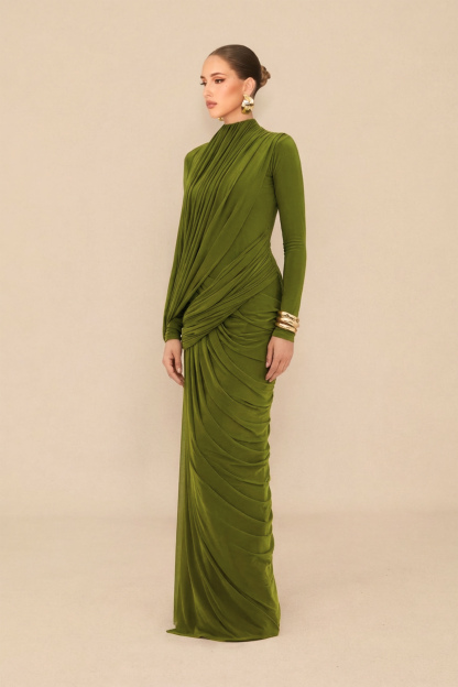 Swan Song High Neck Asymmetric Drape Maxi Dress