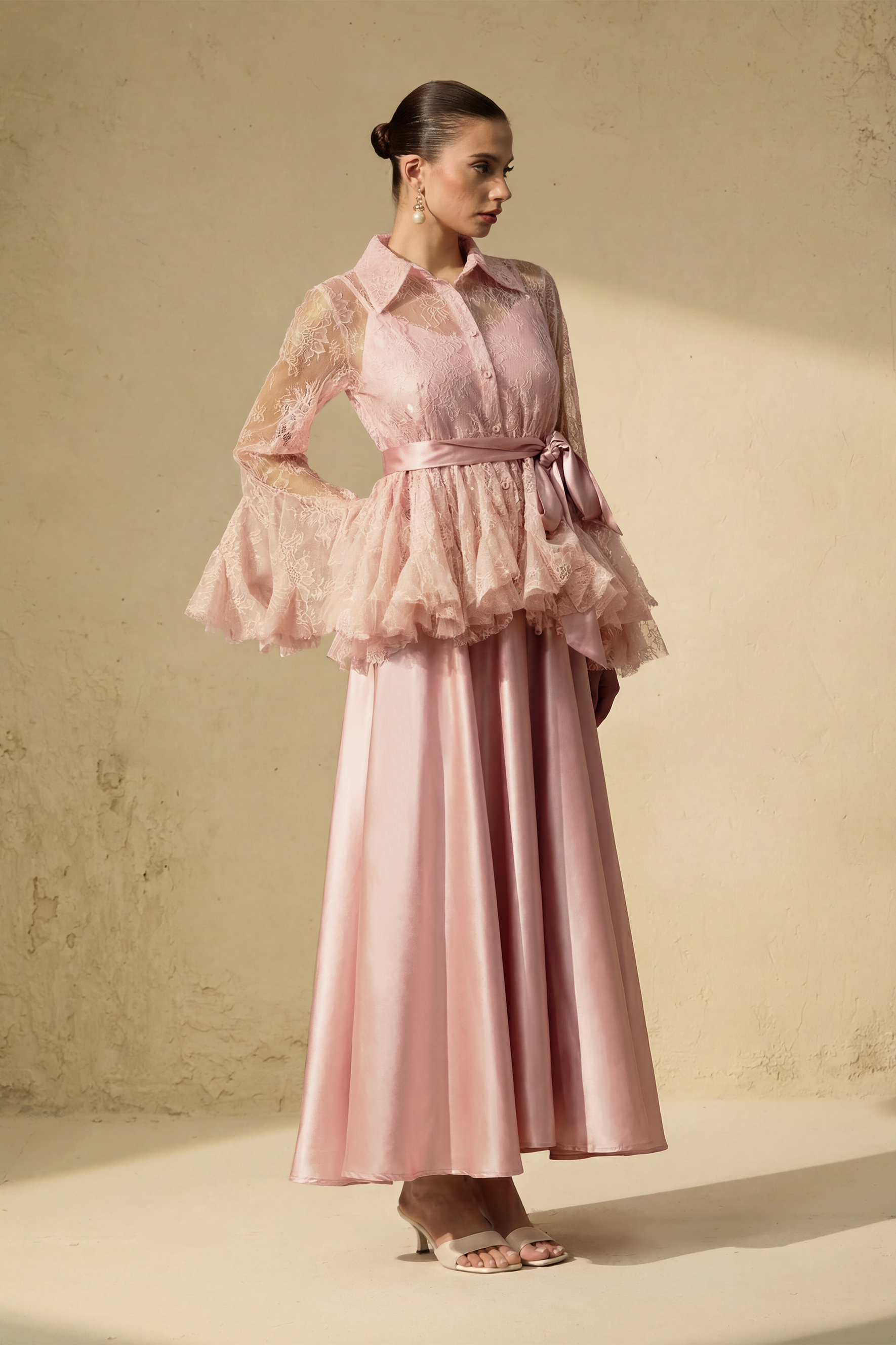 Soft Morning Mist Pink Sheer Ruffled Blouse & Satin Dress Set