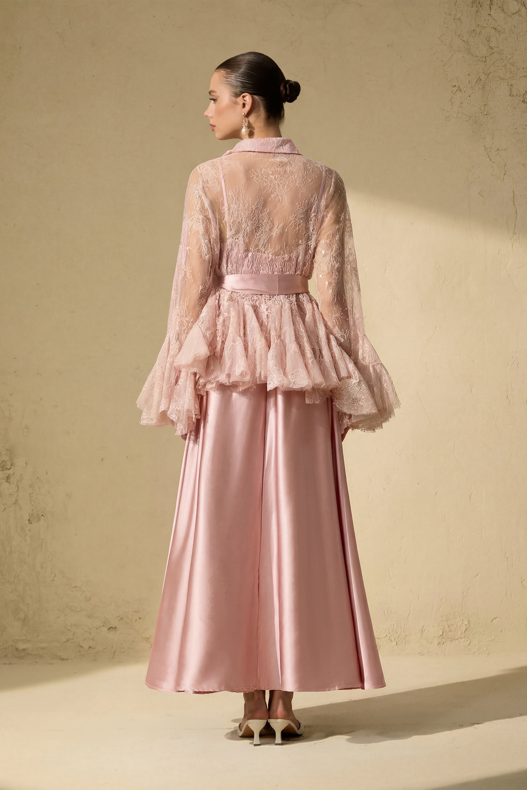 Soft Morning Mist Pink Sheer Ruffled Blouse & Satin Dress Set