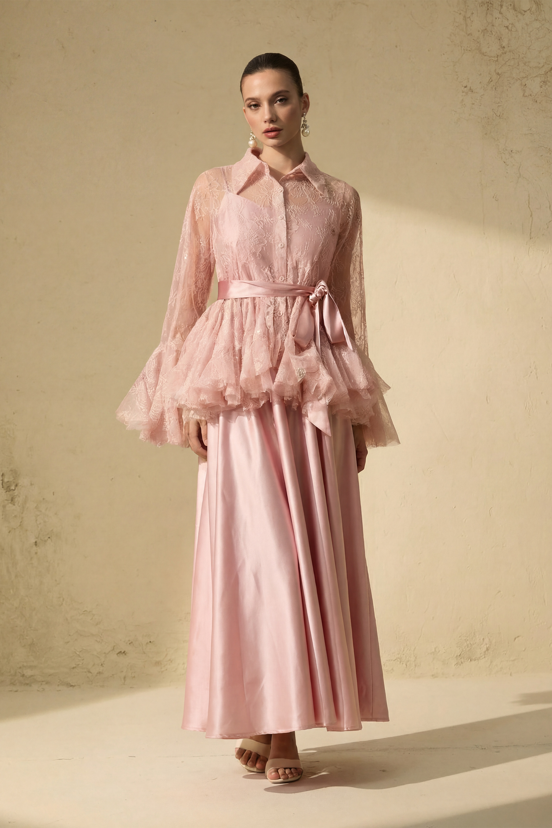 Soft Morning Mist Pink Sheer Ruffled Blouse & Satin Dress Set