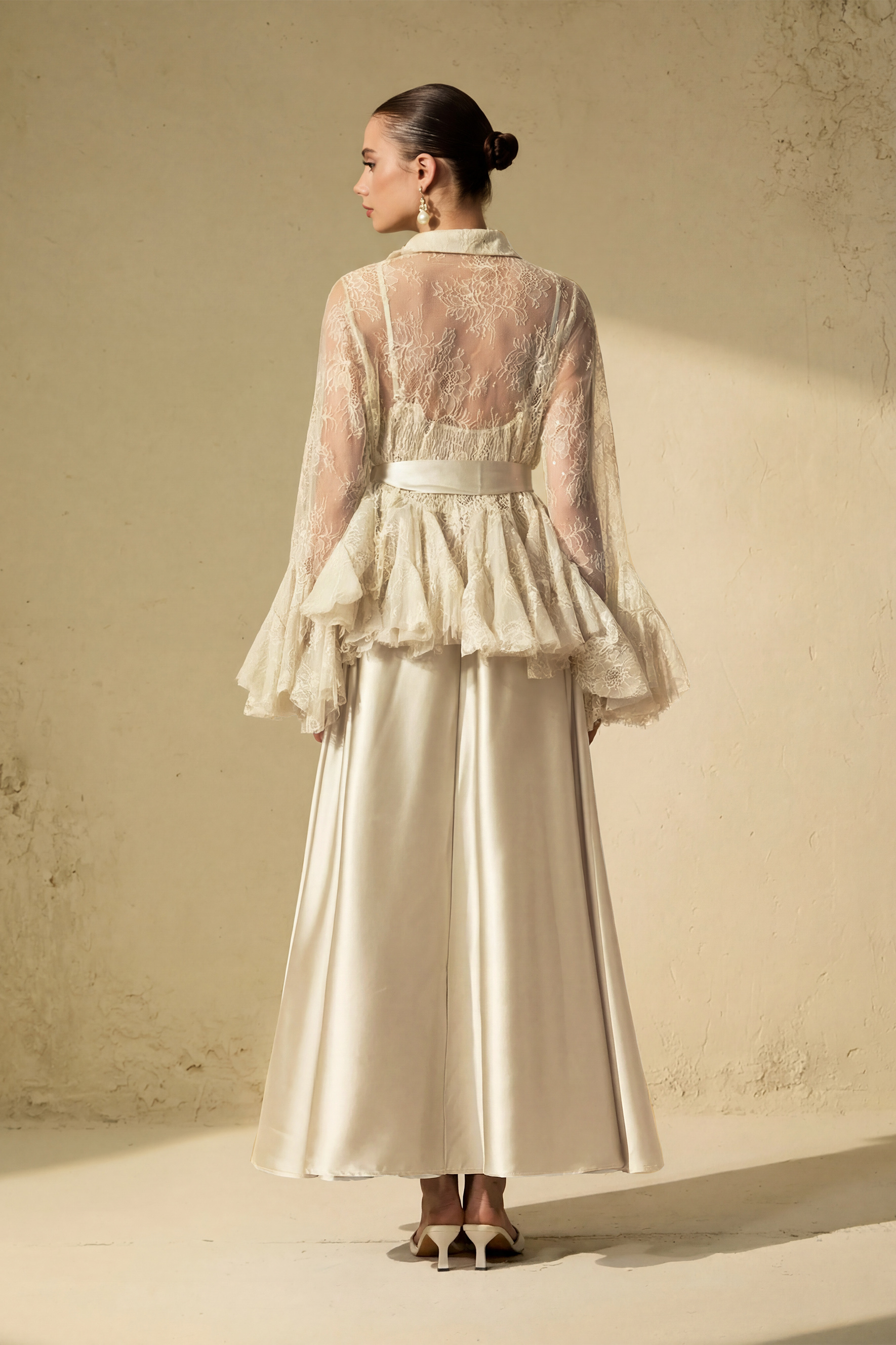 Soft Morning Mist Apricot Sheer Ruffled Blouse & Satin Dress Set