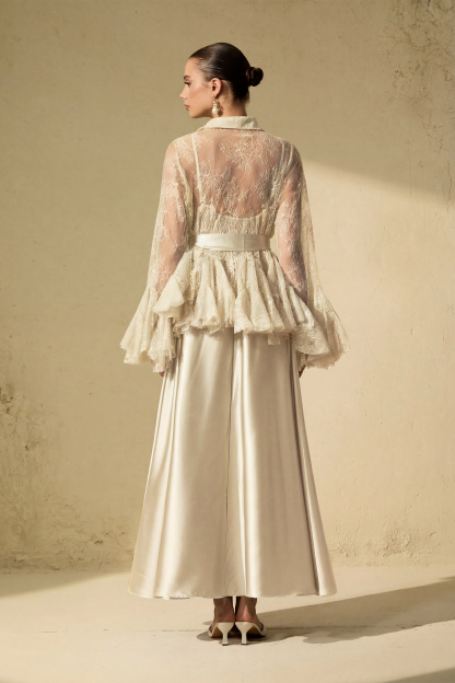 Soft Morning Mist Apricot Sheer Ruffled Blouse & Satin Dress Set