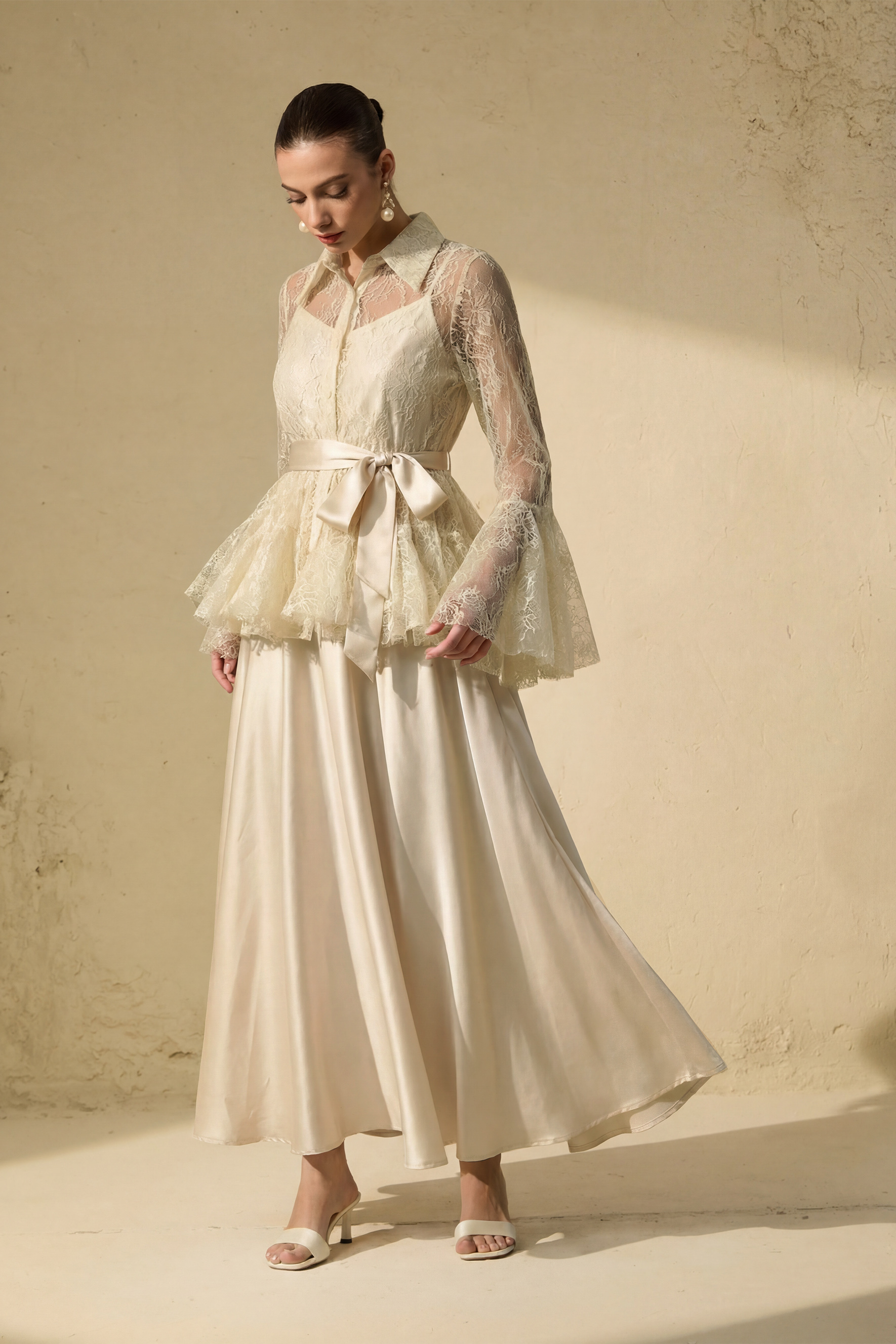 Soft Morning Mist Apricot Sheer Ruffled Blouse & Satin Dress Set