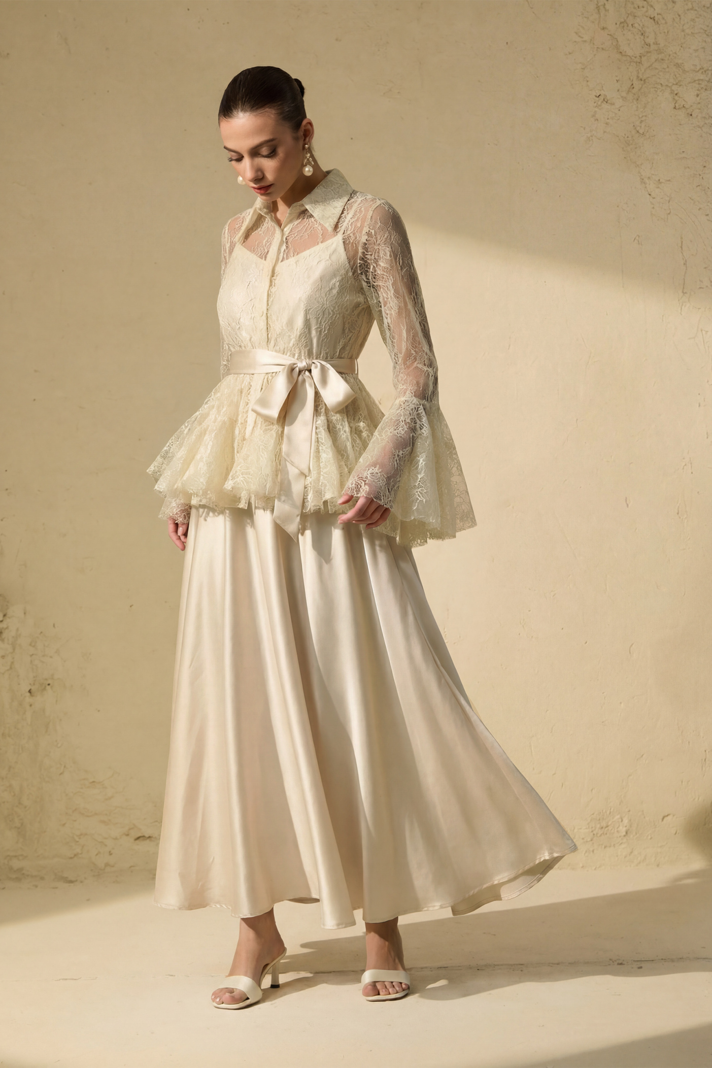 Soft Morning Mist Apricot Sheer Ruffled Blouse & Satin Dress Set