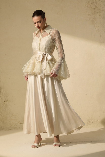 Soft Morning Mist Apricot Sheer Ruffled Blouse & Satin Dress Set