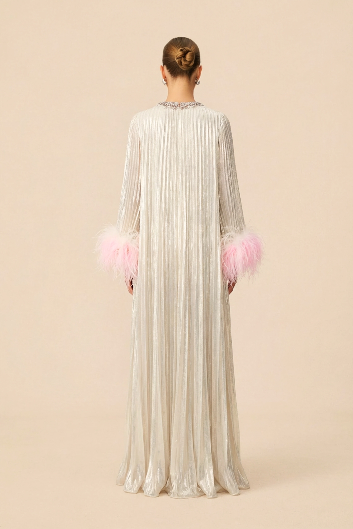 Let There Be Romance Pink Feather Cuff Pleated Maxi Dress