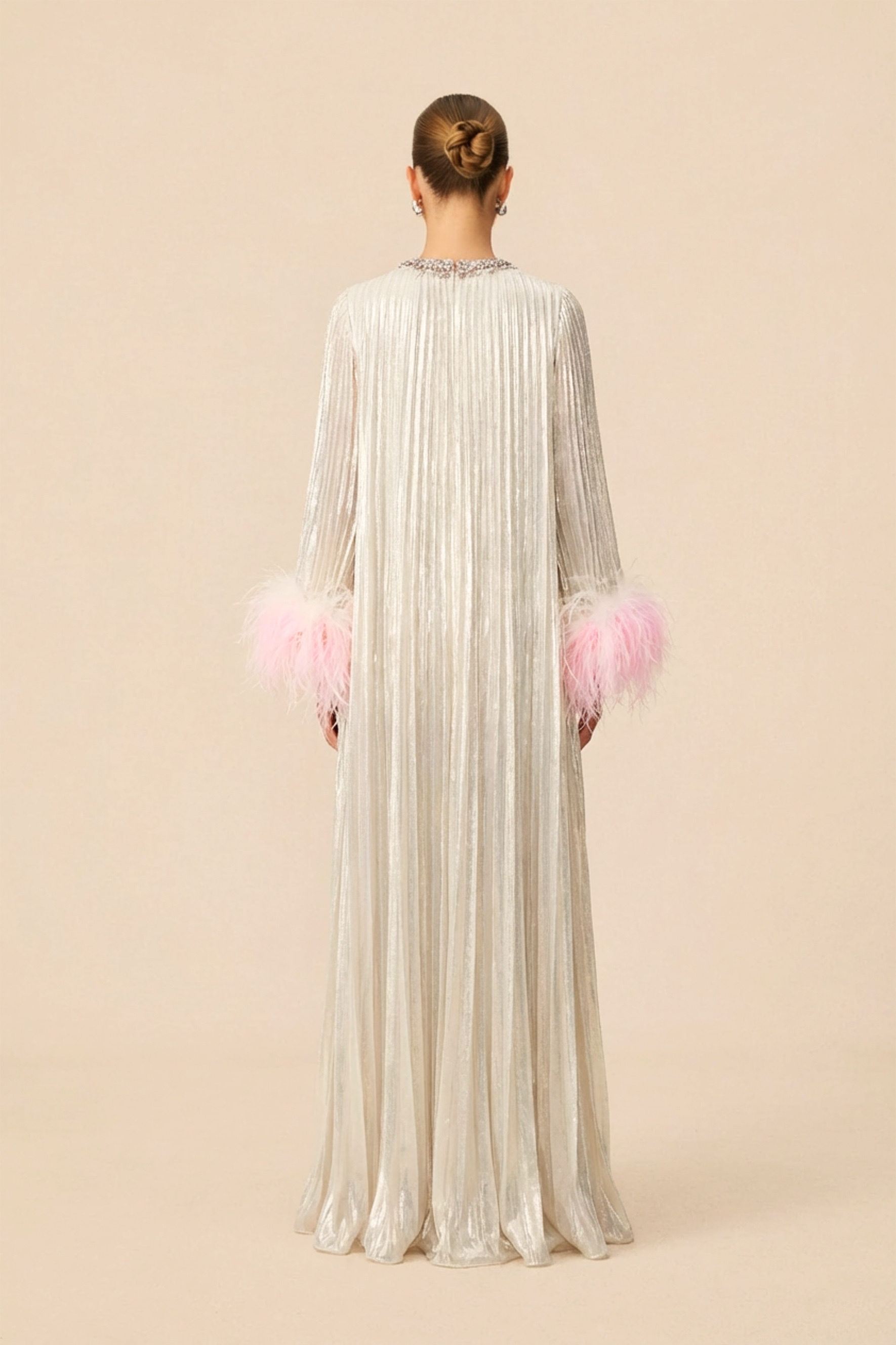 Let There Be Romance Pink Feather Cuff Pleated Maxi Dress
