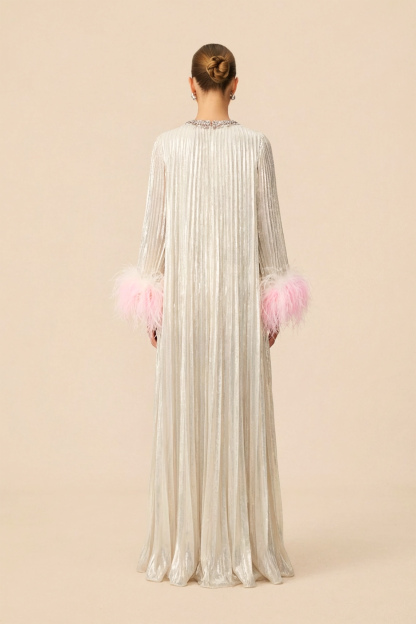 Let There Be Romance Pink Feather Cuff Pleated Maxi Dress