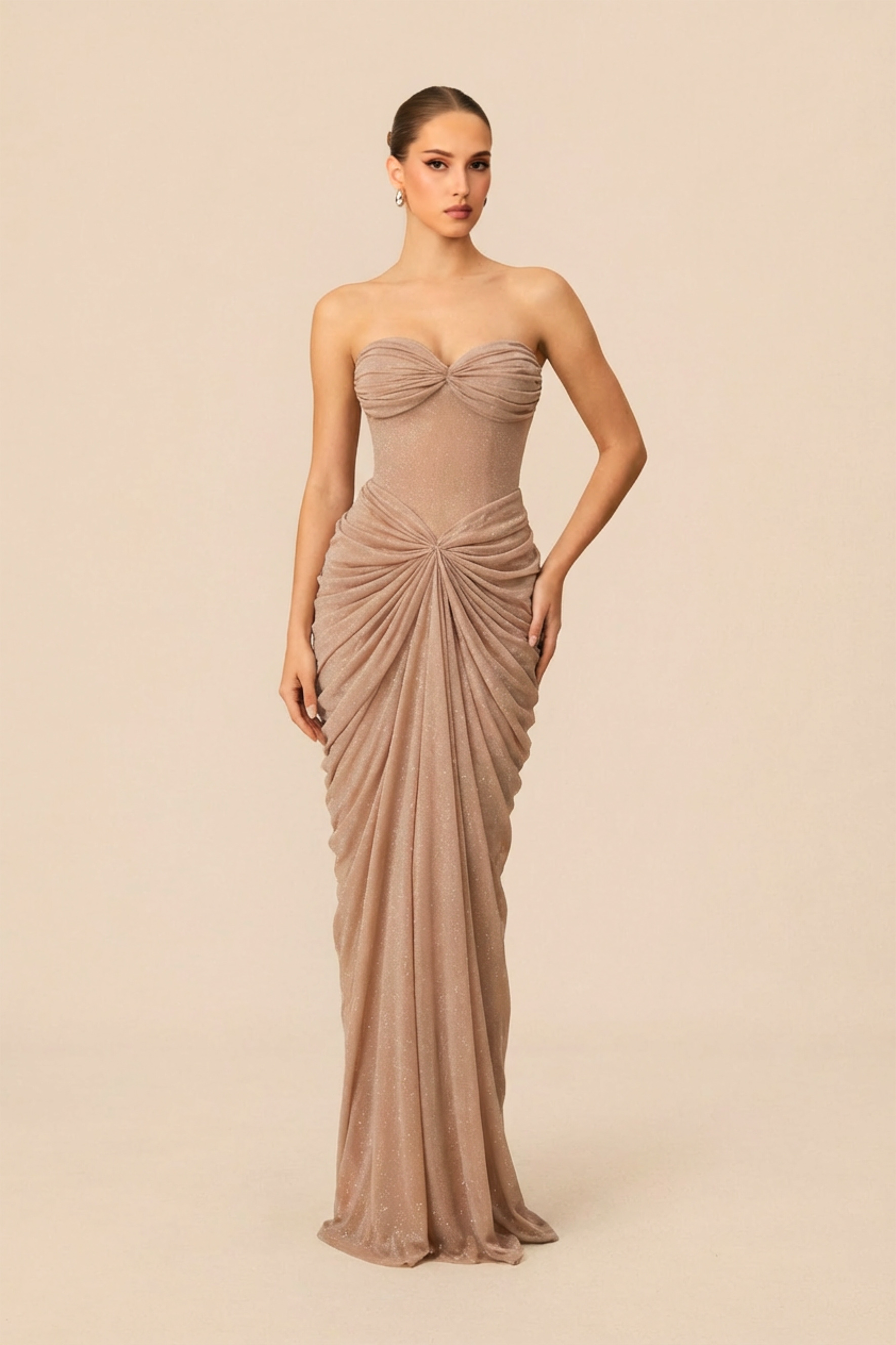 Beyond Classy Champagne Nude Strapless Draped Maxi Dress