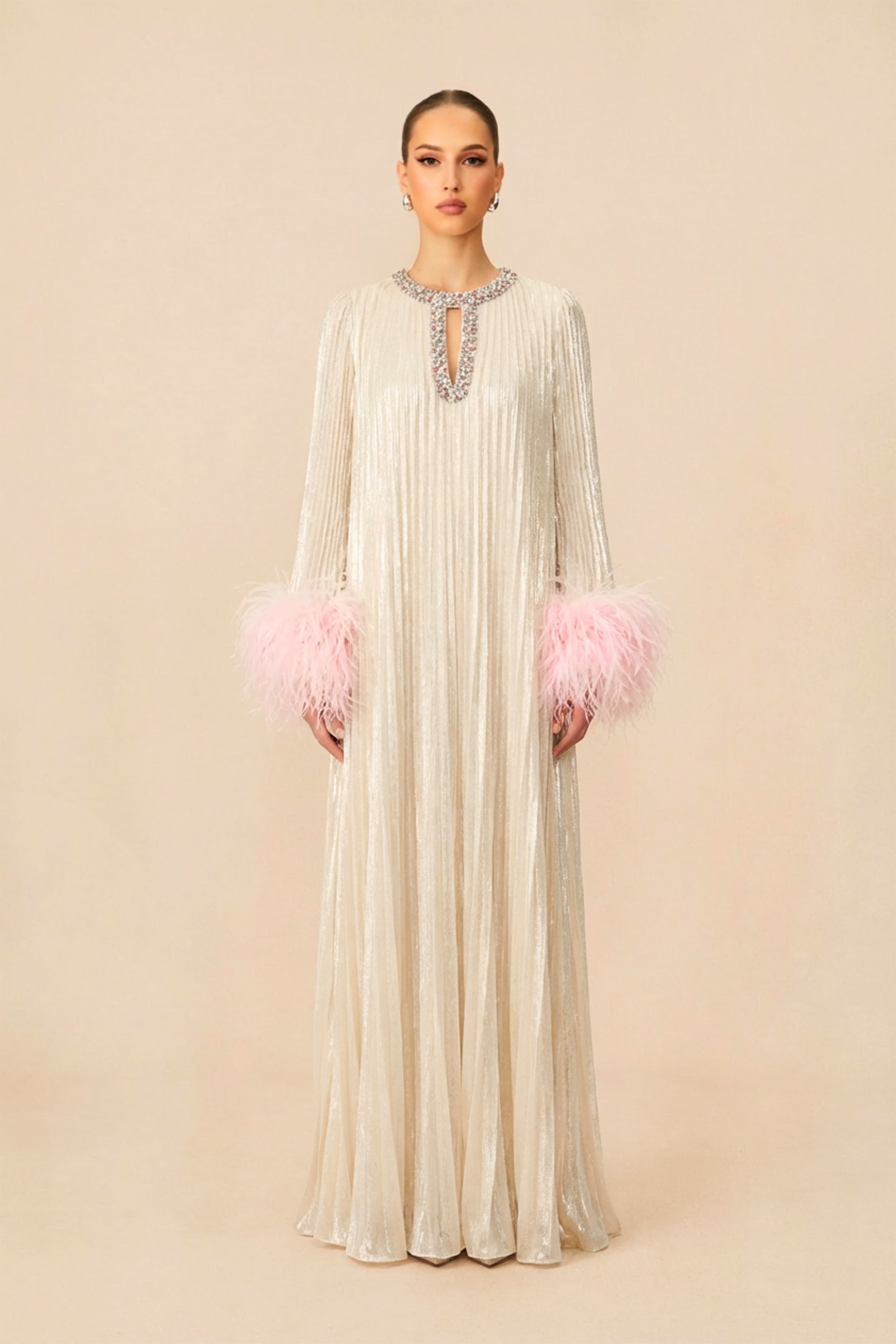 Let There Be Romance Pink Feather Cuff Pleated Maxi Dress