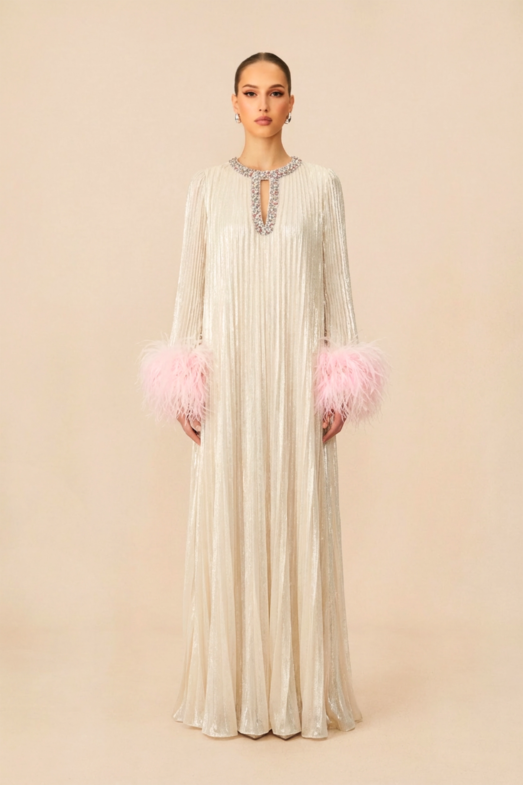 Let There Be Romance Pink Feather Cuff Pleated Maxi Dress