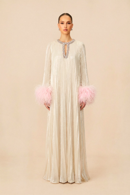 Let There Be Romance Pink Feather Cuff Pleated Maxi Dress