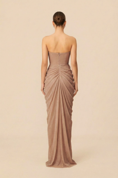 Beyond Classy Champagne Nude Strapless Draped Maxi Dress