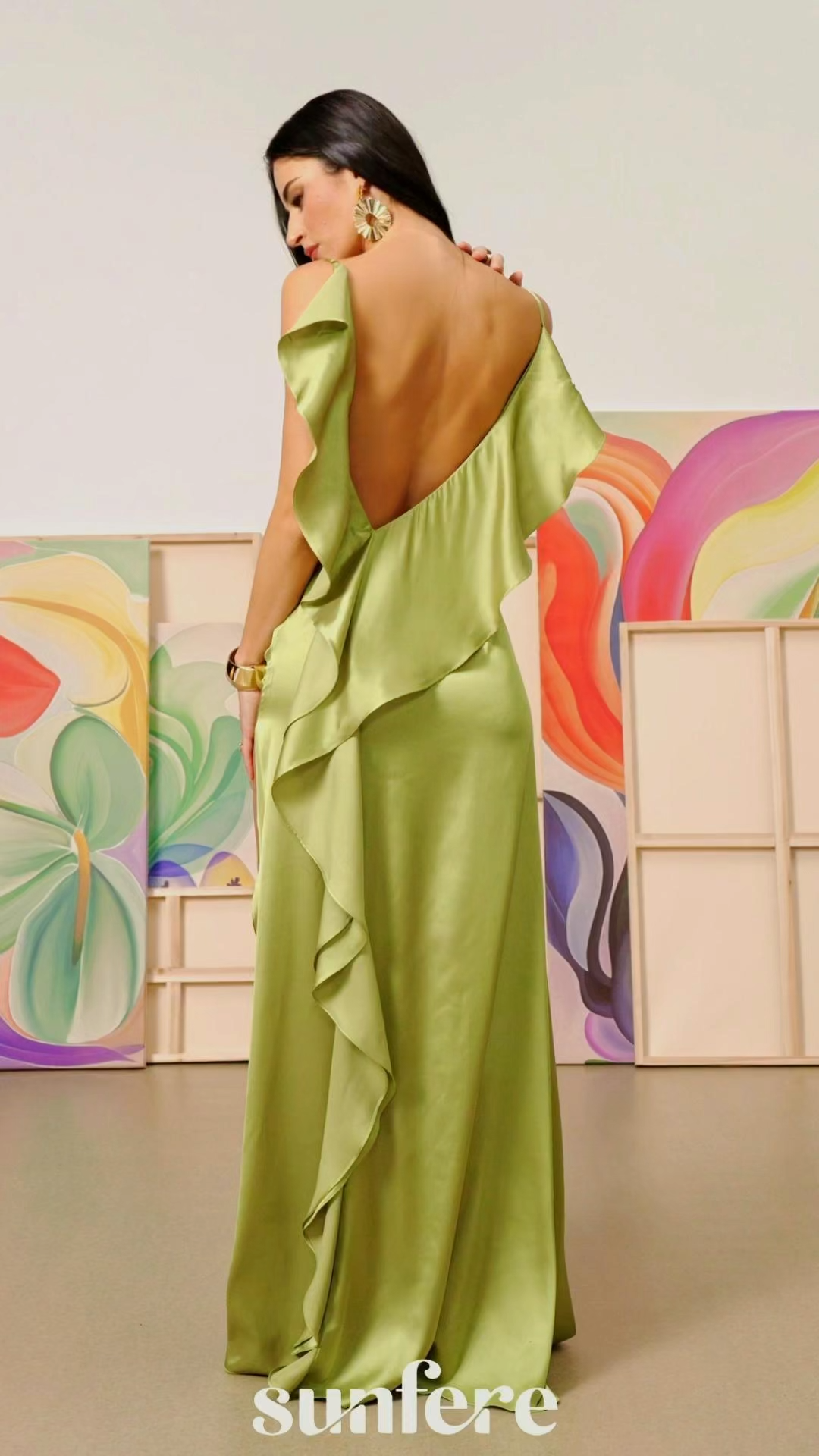 Paula Backless Ruffle Detail Satin Maxi Dress