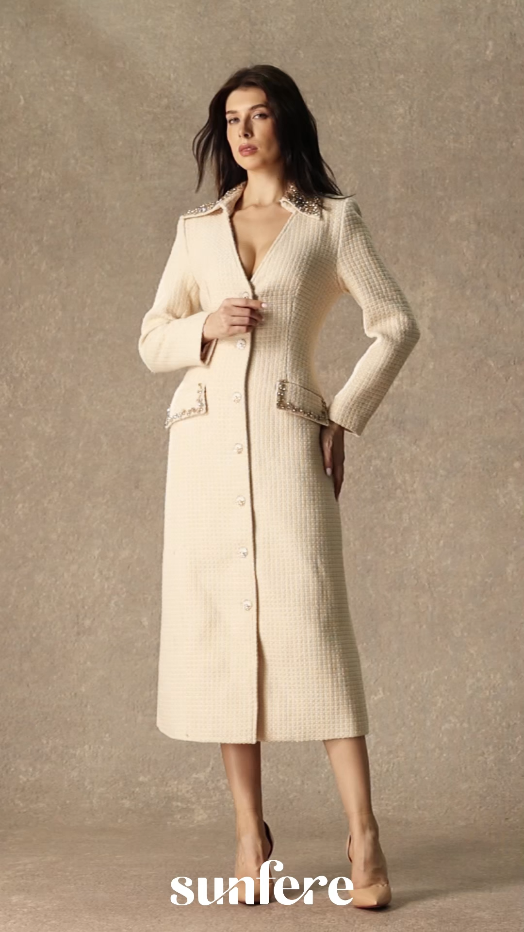 High Class Chic Beige Diamante V-neck Midi Dress