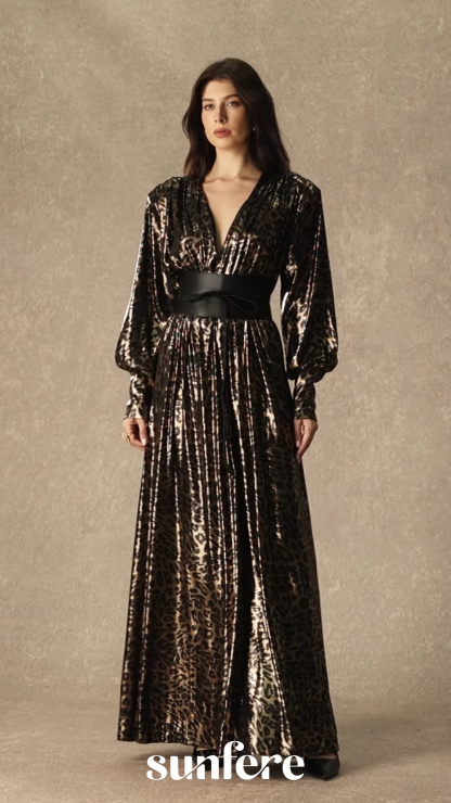 Wild For The Season Gold Leopard Print V‑Neck Maxi Dress