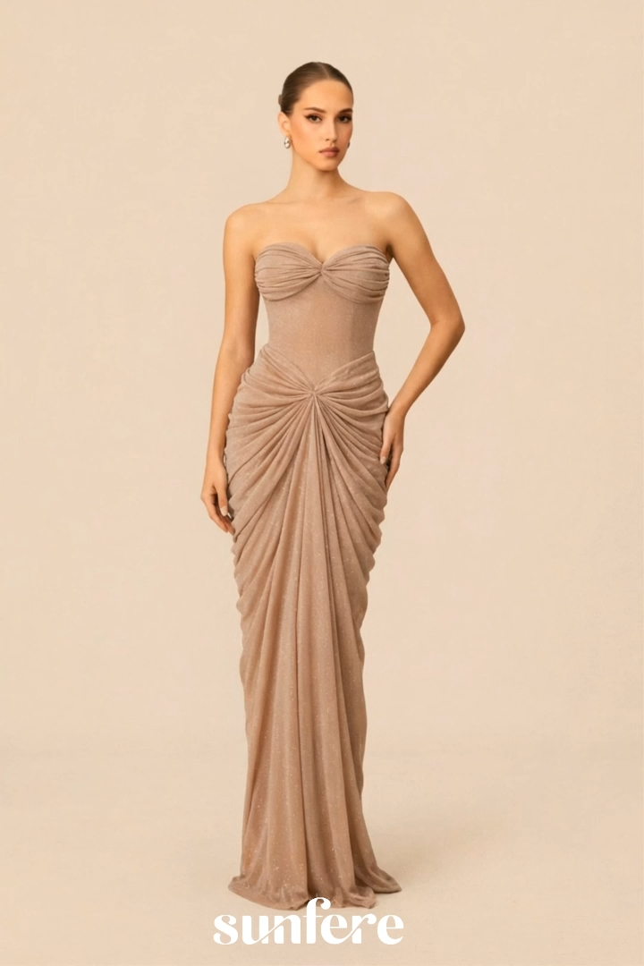 Beyond Classy Champagne Nude Strapless Draped Maxi Dress