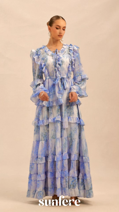 Divinely Blooming Blue Floral Print Ruffled Maxi Dress