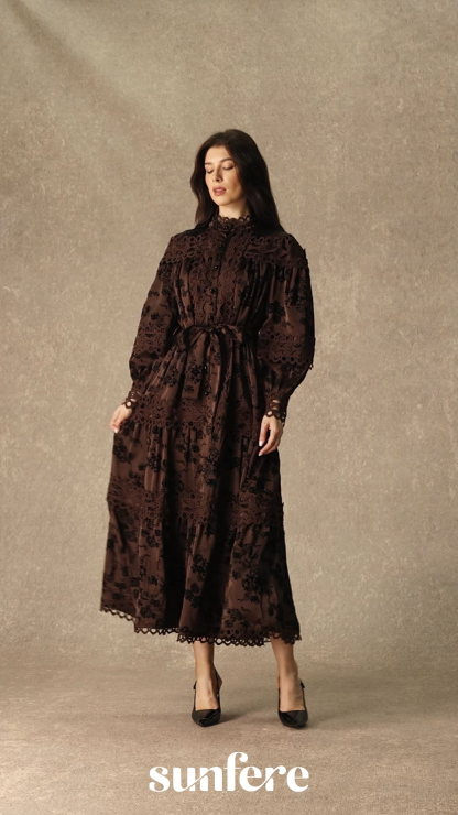 Romantic Vintage Brown Floral Print Lace Trim Midi Dress