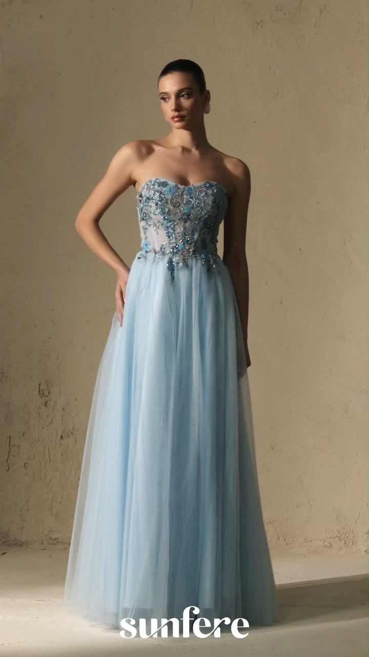 Special Moment Blue Embroidered Strapless Tulle Maxi Dress