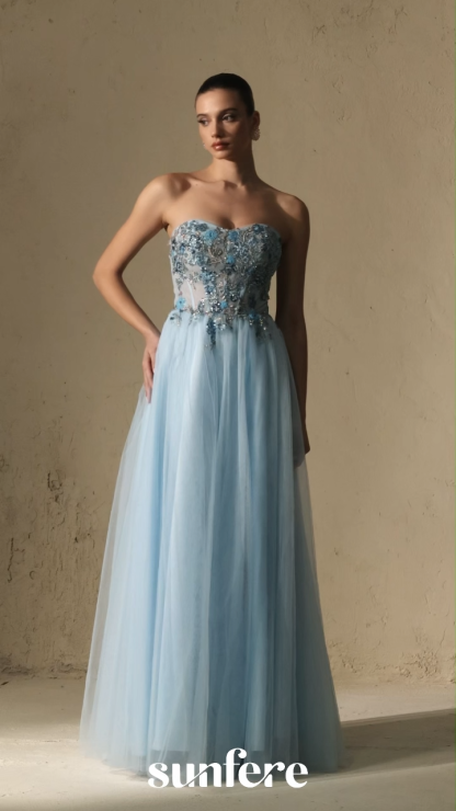 Special Moment Blue Embroidered Strapless Tulle Maxi Dress