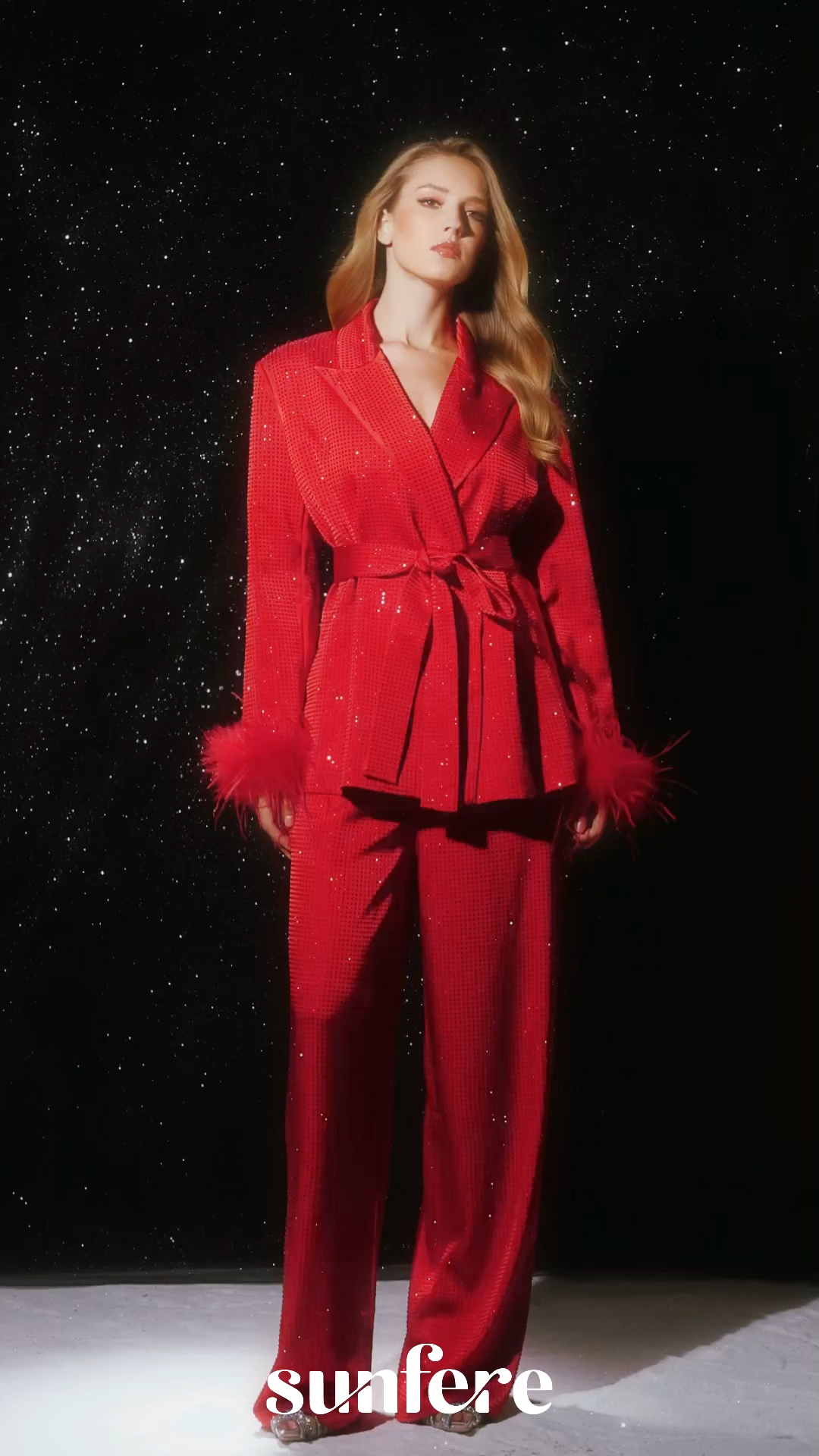Limitless Radiance Red Feather Cuff Blazer & Pants Set