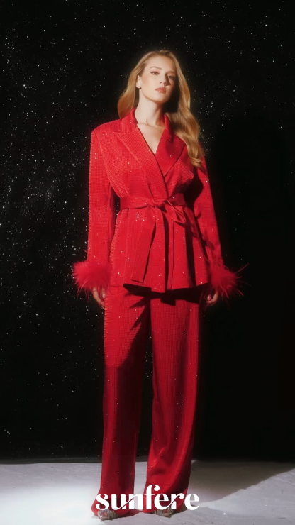 Limitless Radiance Red Feather Cuff Blazer & Pants Set