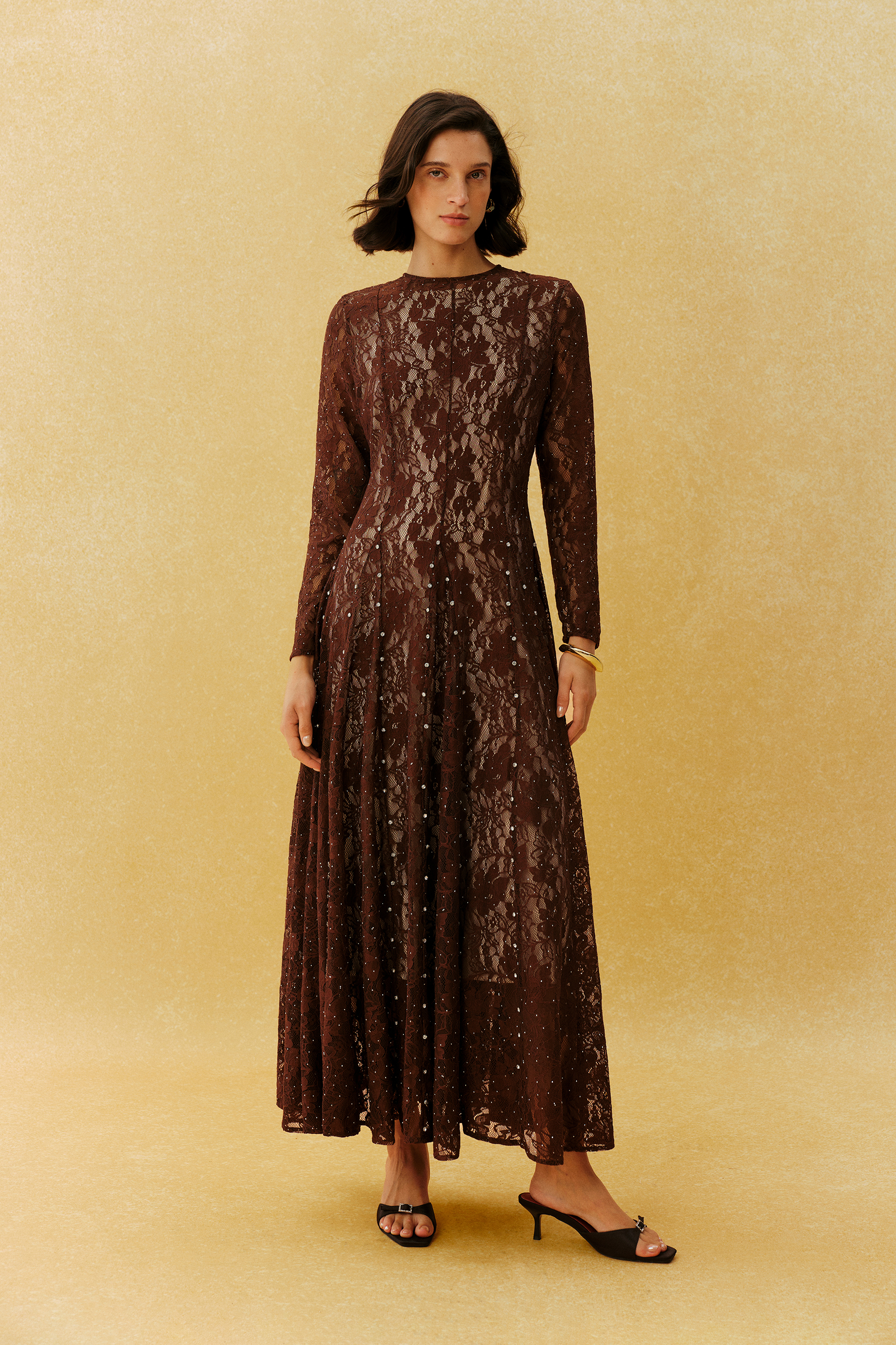 Little Secret Brown Floral Lace Embellished Long Sleeve Maxi Dress