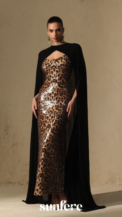 Wild Charm Multi Leopard Print Sequin Maxi Dress & Cape Set