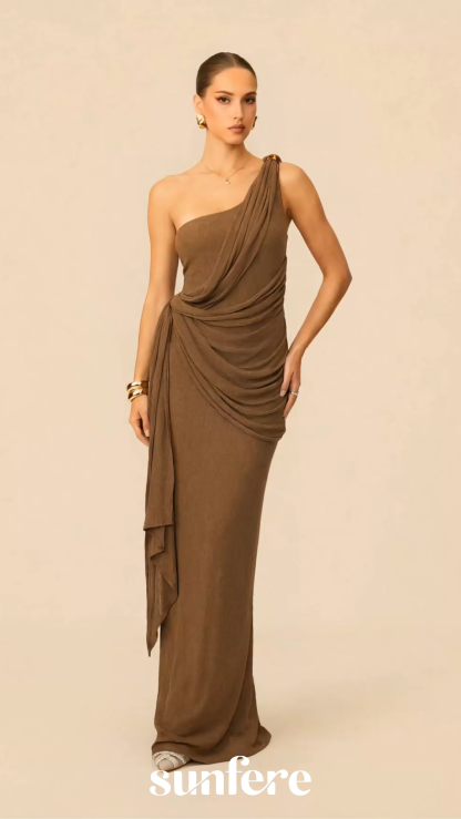 Ethereal Elegance Brown One Shoulder Draped Maxi Dress