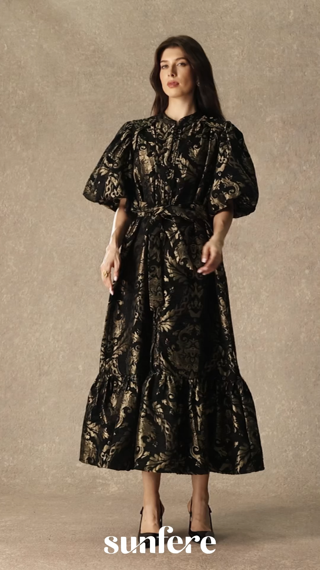 Vintage Luxe Black Gold Foil Puff Sleeve Midi Dress