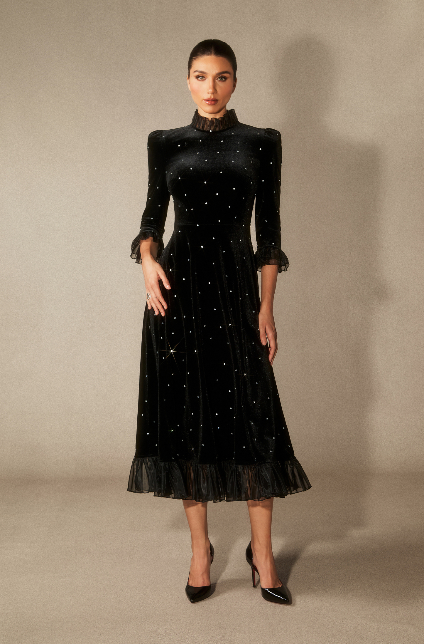sunfere Jolie Black Velvet Ruffle Maxi Dress or Velvet High-Neck Waist-Defined Midi Dress for Winter Wedding Guests