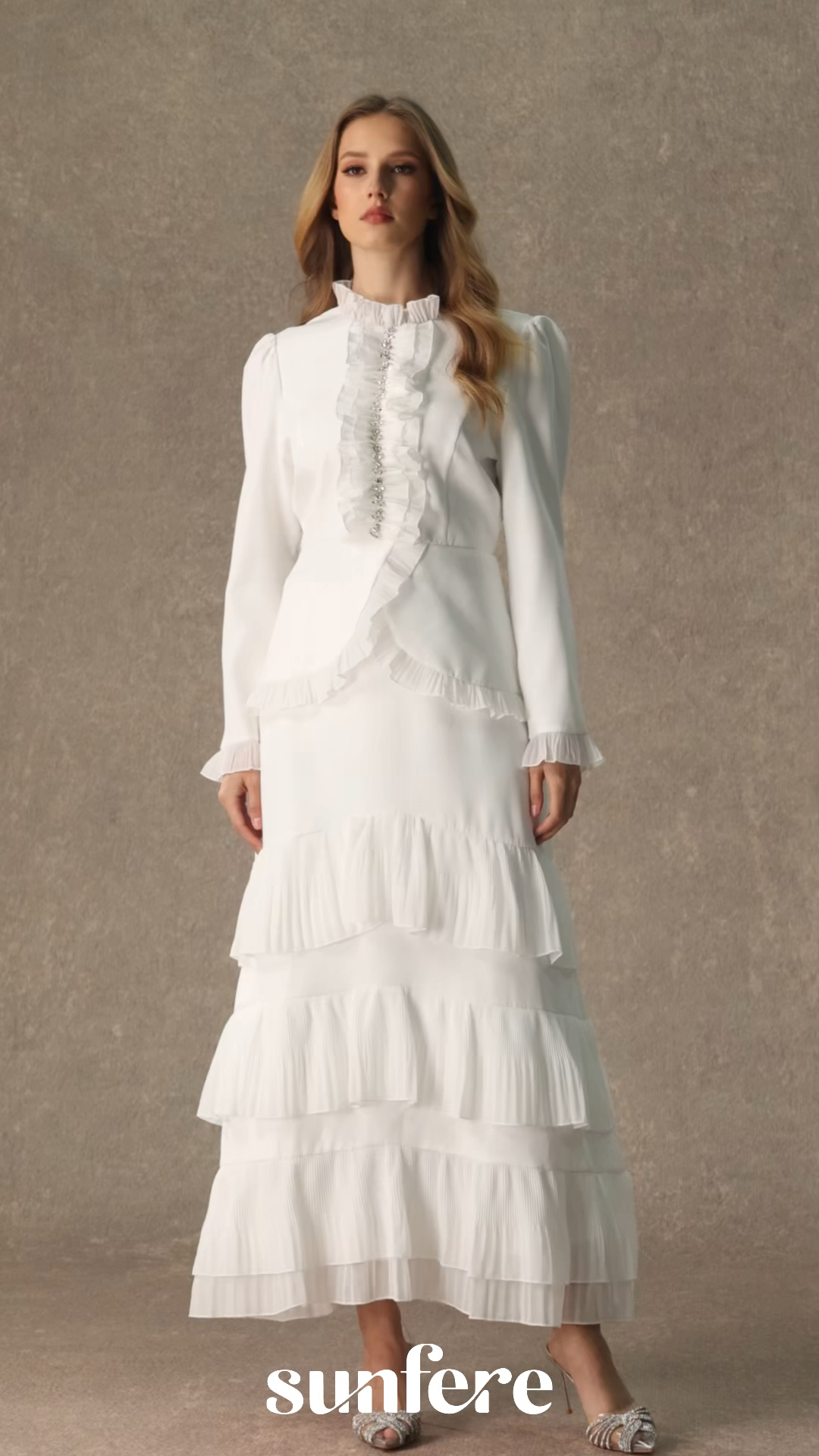 Exquisite Refinement White Rhinestone Embellished Top & Tiered Ruffle Skirt Set