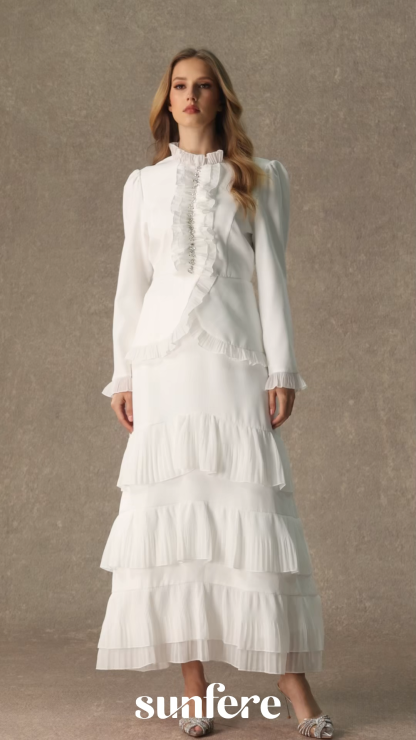 Exquisite Refinement White Rhinestone Embellished Top & Tiered Ruffle Skirt Set