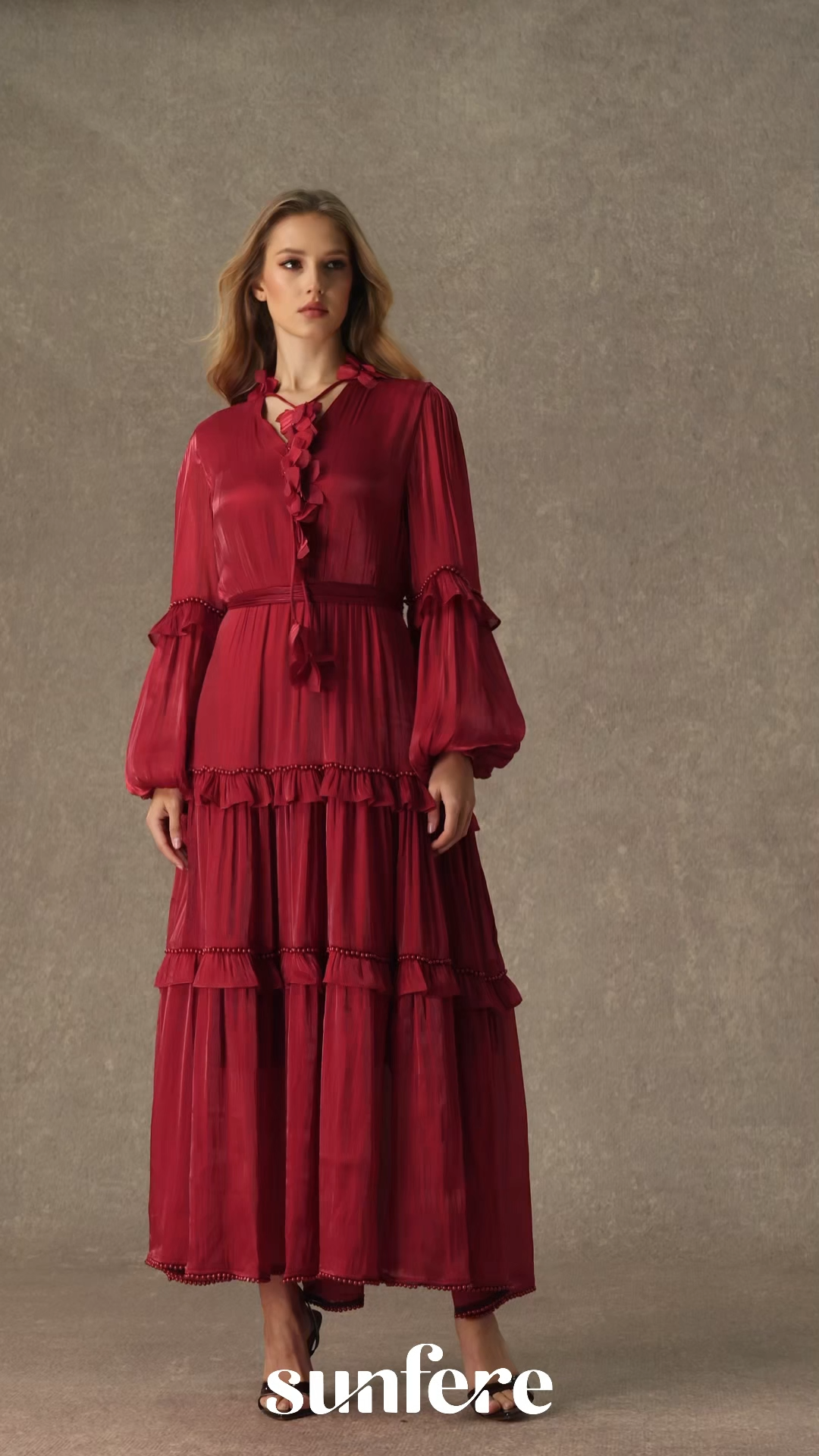 Enchant My Love Burgundy Balloon Sleeve Tiered Ruffle Maxi Dress