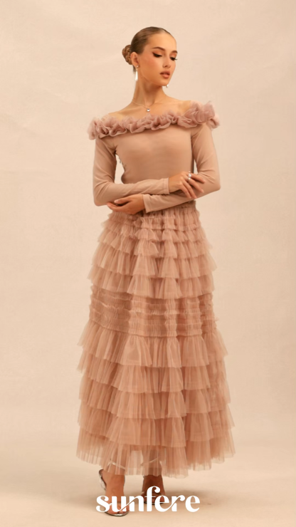 Jenna Off Shoulder Tiered Ruffle Tulle Maxi Dress