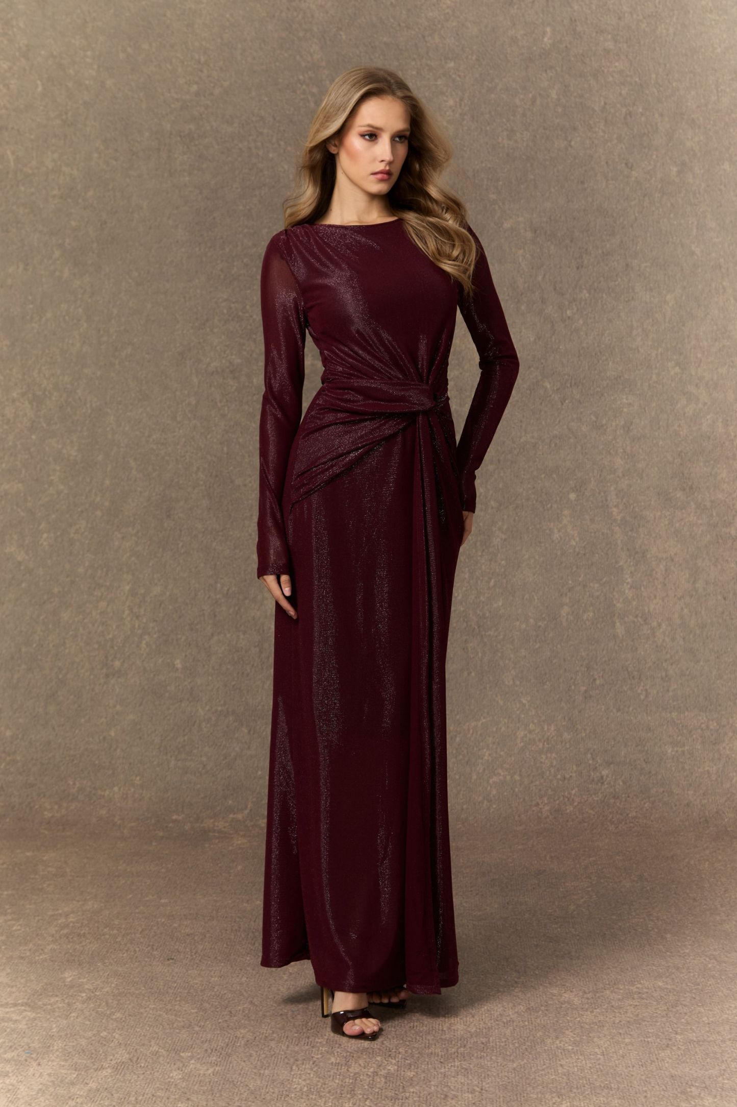 sunfere Refined Attitude Burgundy Twist Knot Maxi Dress or Bias-Cut Satin Midi Dress with Elegant Sleeves and Refined Neckline