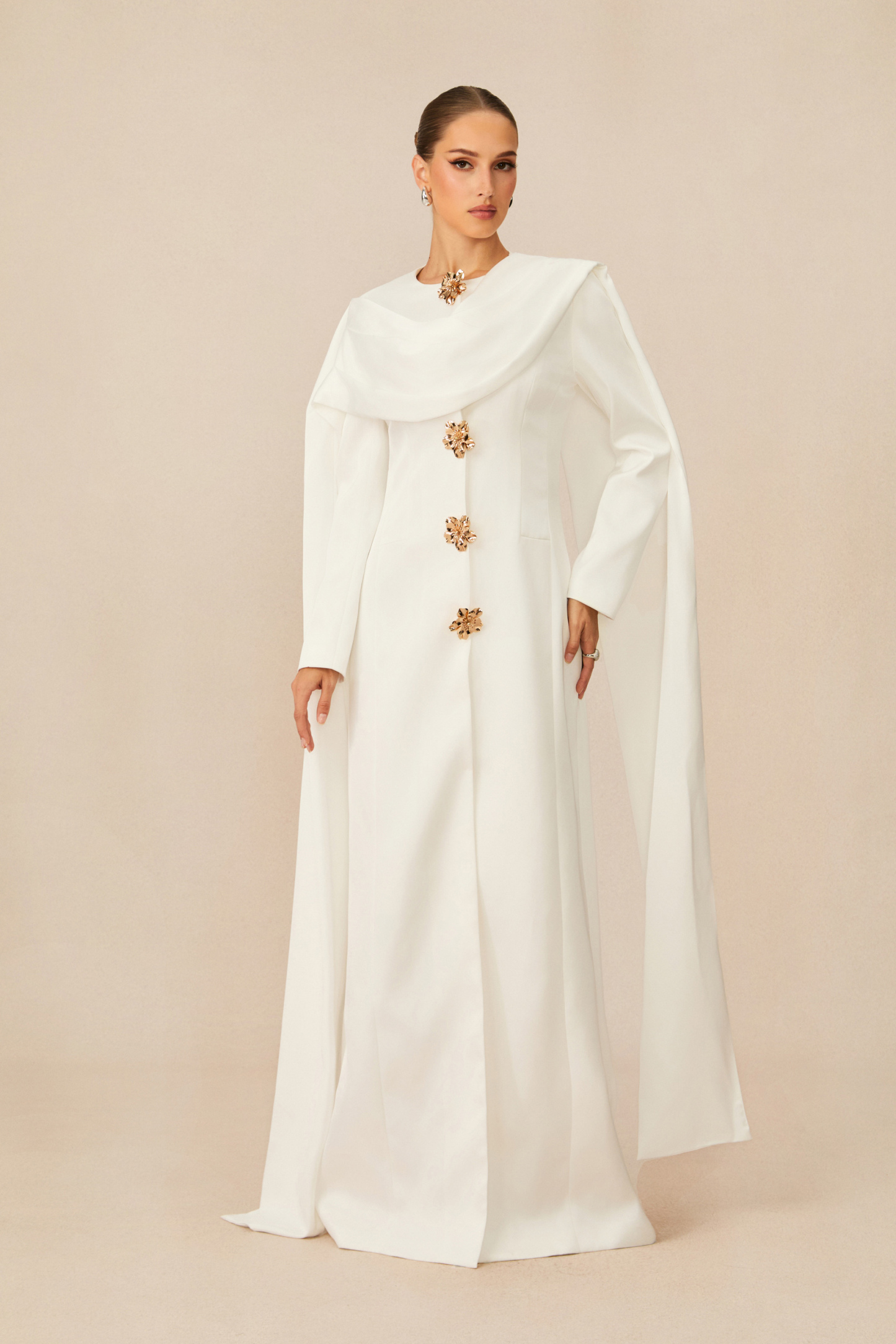 sunfere Forever Beloved White Cape Shoulder Floral Button Maxi Dress or Maxi Winter White Satin Dress with Subtle Metallic Accents