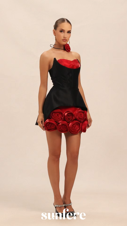 Enticing Aesthetic Black Rosette Corset Mini Dress