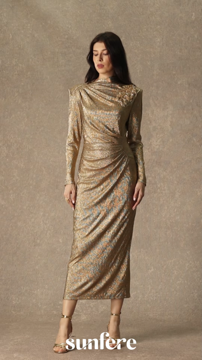 Brilliant Allure Gold Floral Embellished Texture Midi Dress