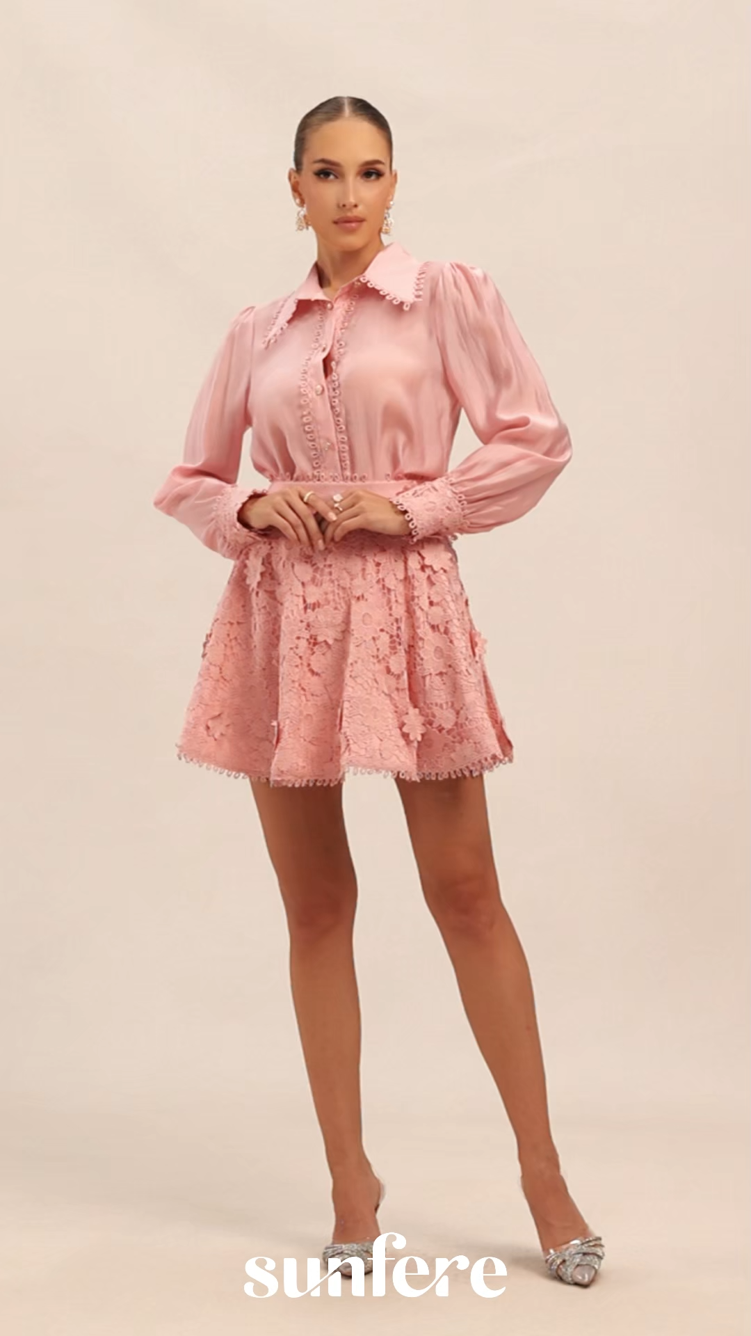 Blossom Elegance Pink Floral Lace Shirt & Skirt Set