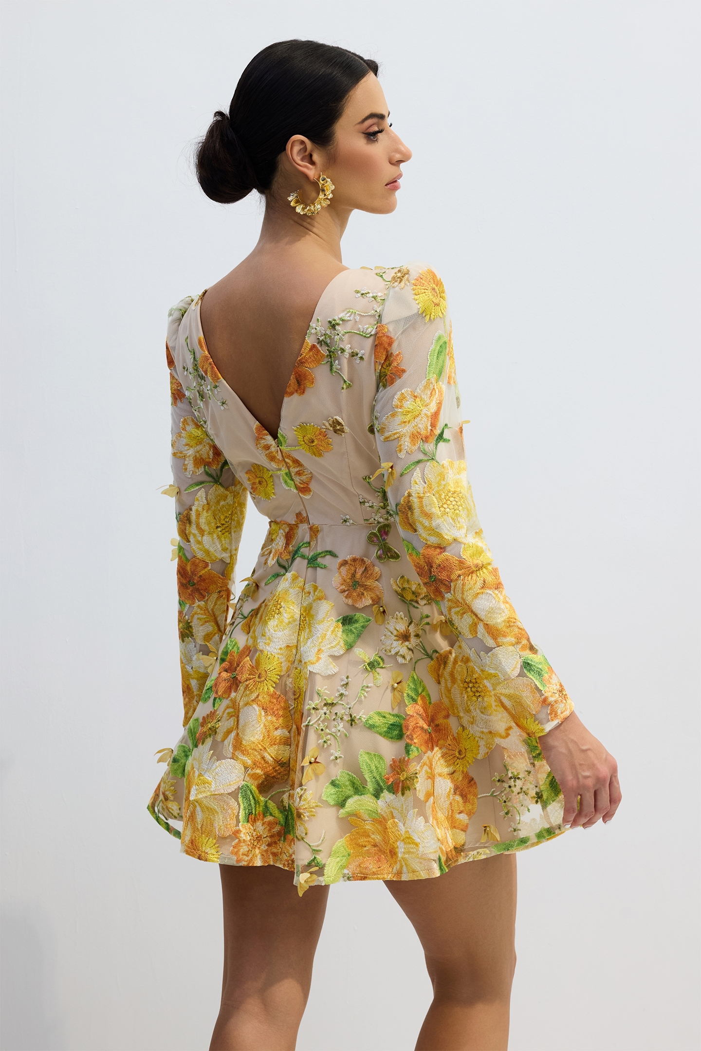 Sandra Embroidered Mini Dress | Yellow Sheer Long Sleeve - sunfere