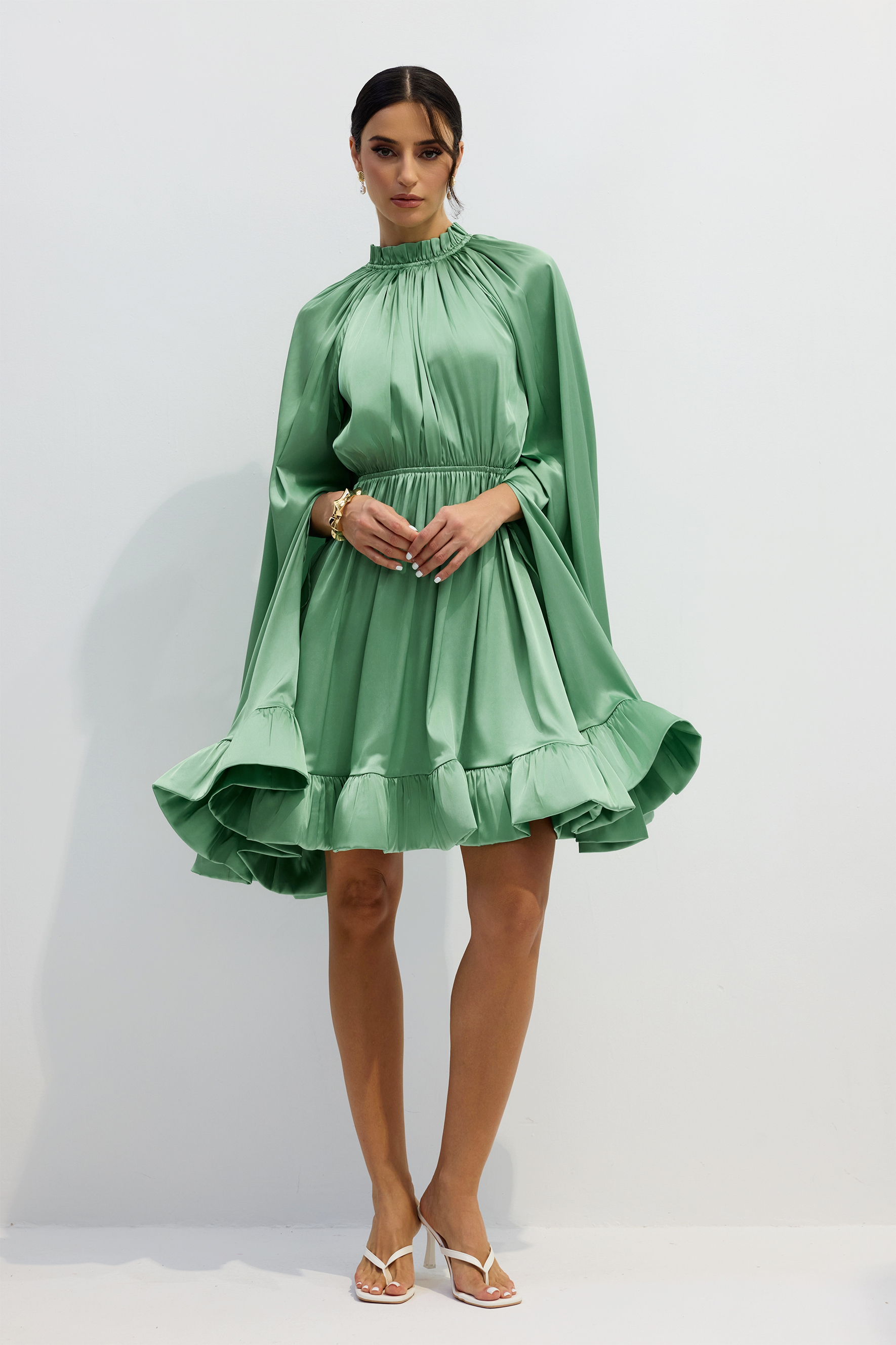 Octavia Cape Sleeve Ruffle Hem Mini Dress