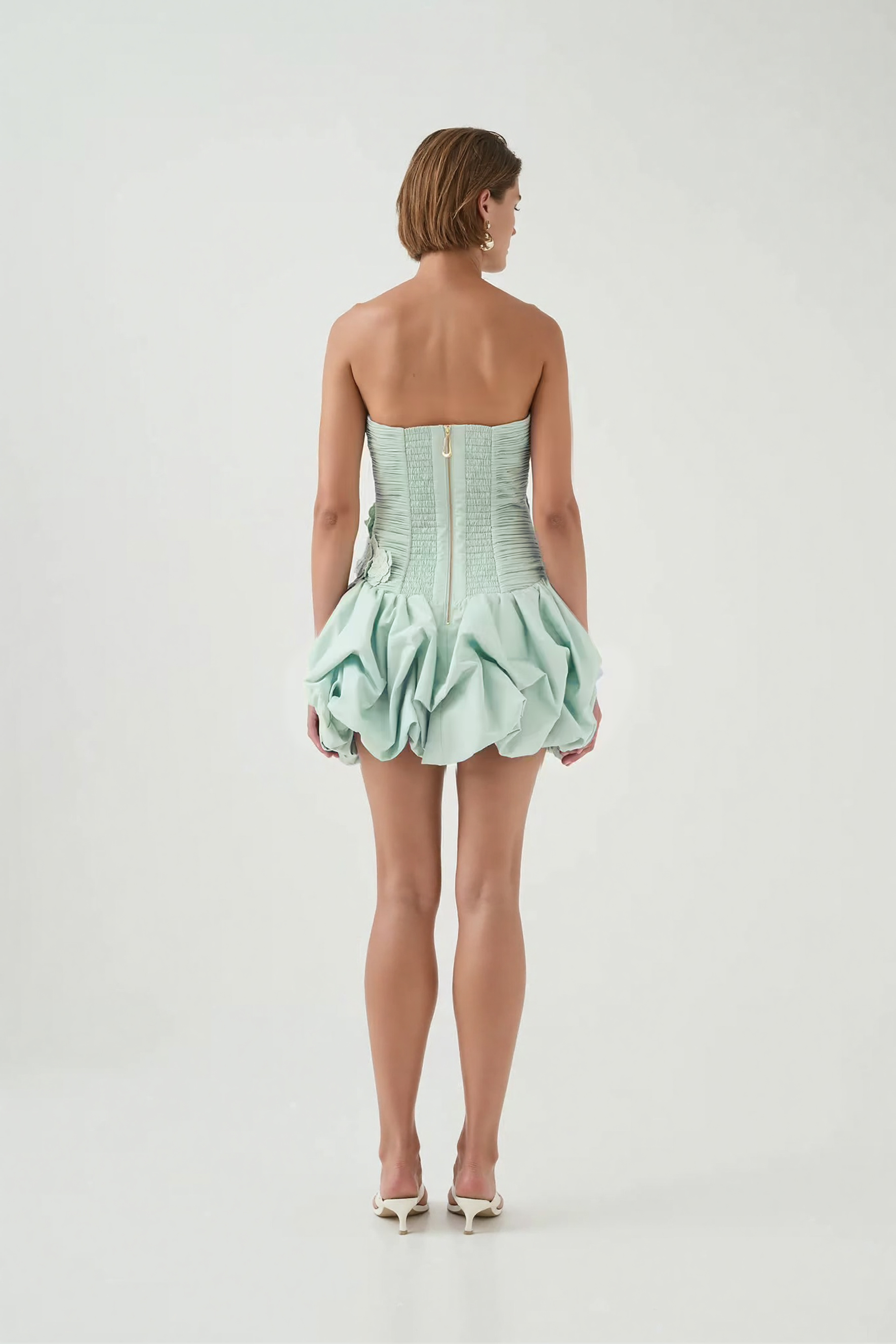 Elvira Floral Applique Strapless Ruched Mini Dress