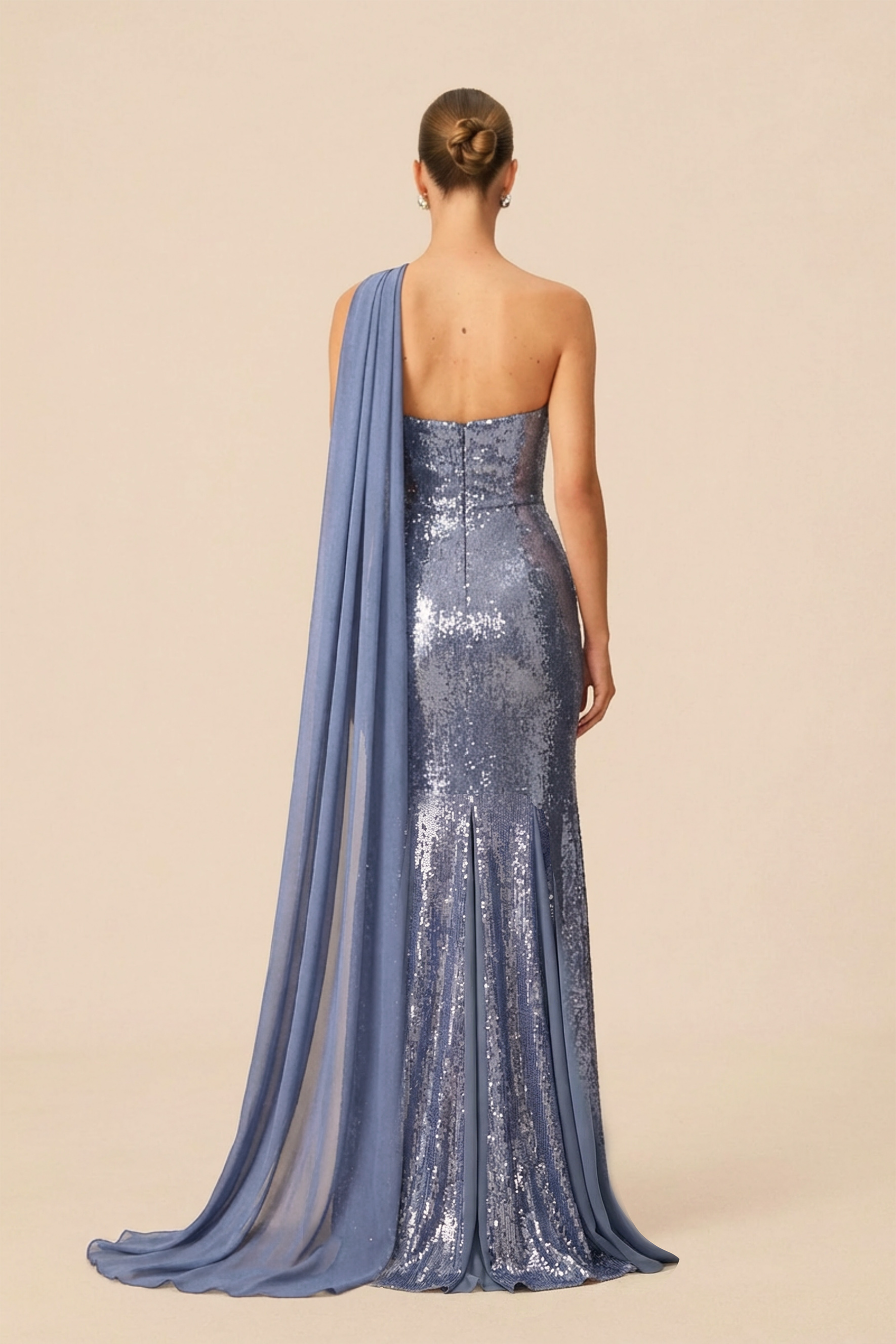 Glimmer Game Blue Sequin Strapless Dress With Chiffon Scarf