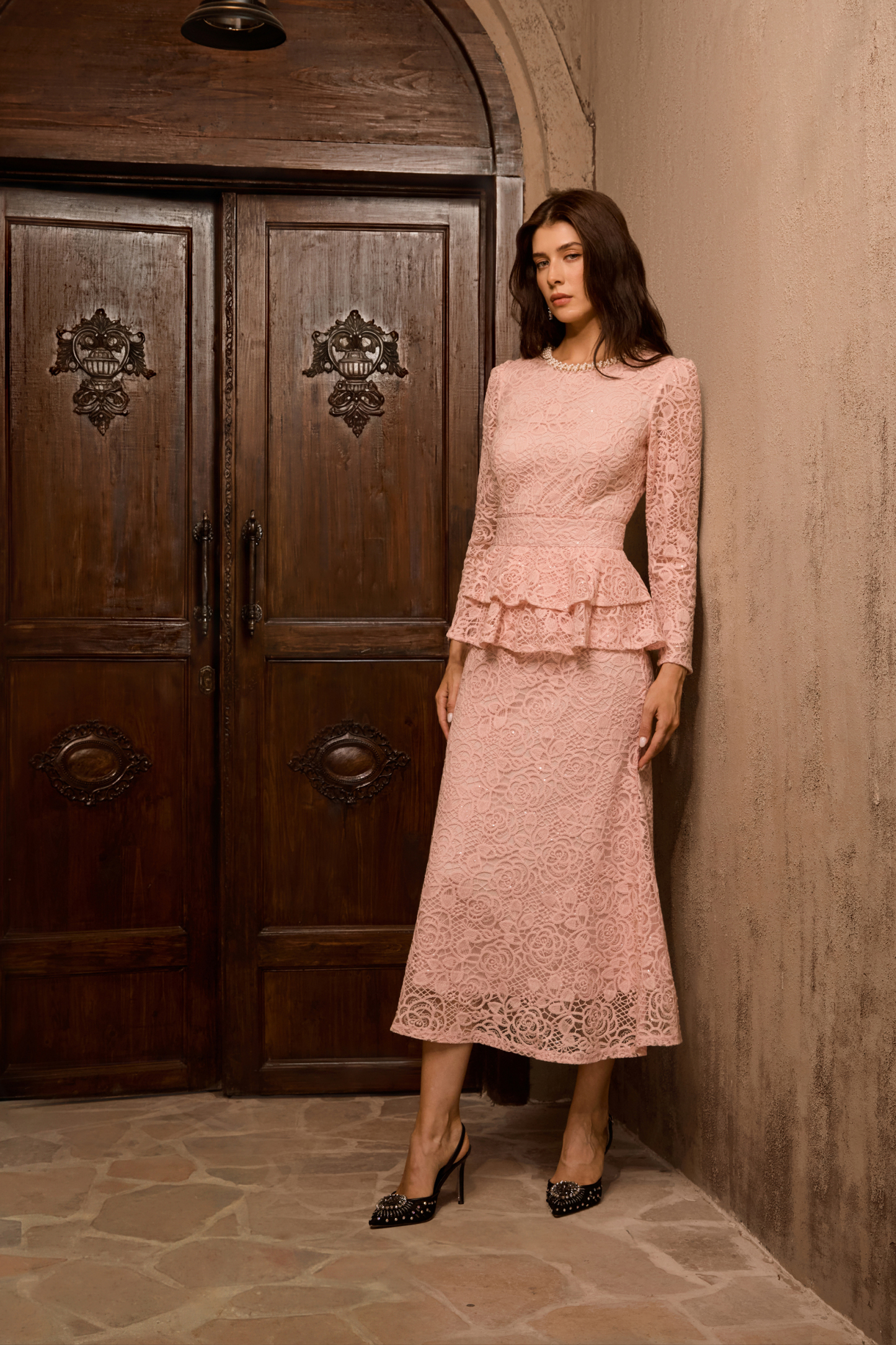 Only Fantasy Pink Embroidered Lace Ruffled Midi Dress