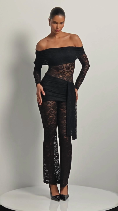 Nina Off Shoulder Sheer Lace Jumpsuit