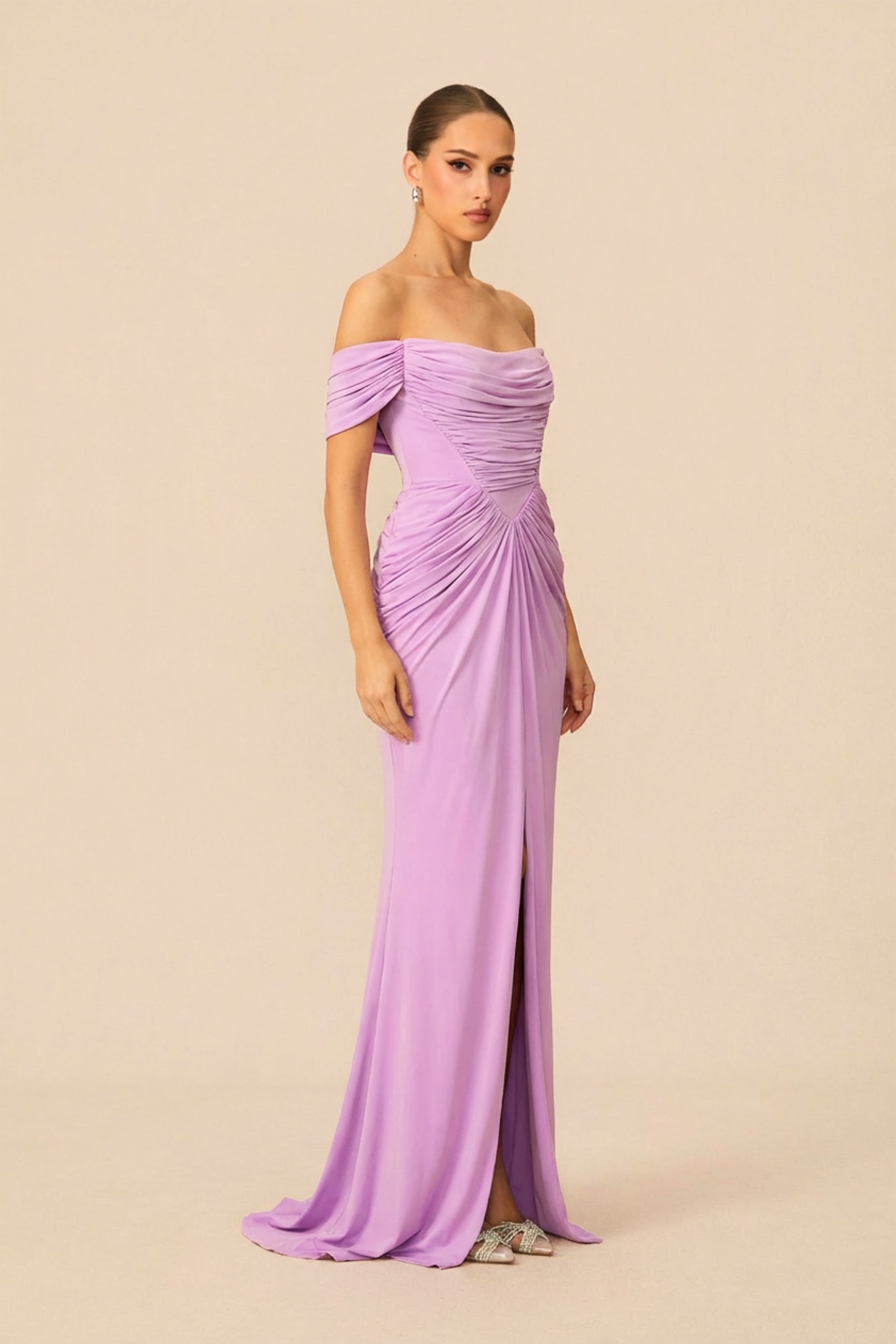 Classy Sensation Purple Off-Shoulder Gathered Maxi Dress